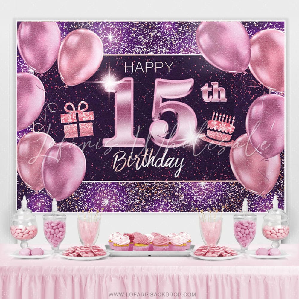 Purple Balloons Glitter 15th Birthday Backdrop (x1u)