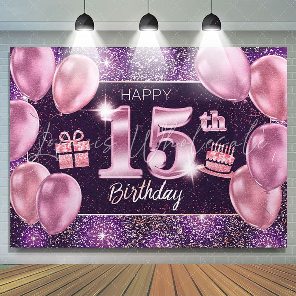 Purple Balloons Glitter 15th Birthday Backdrop (x1u)