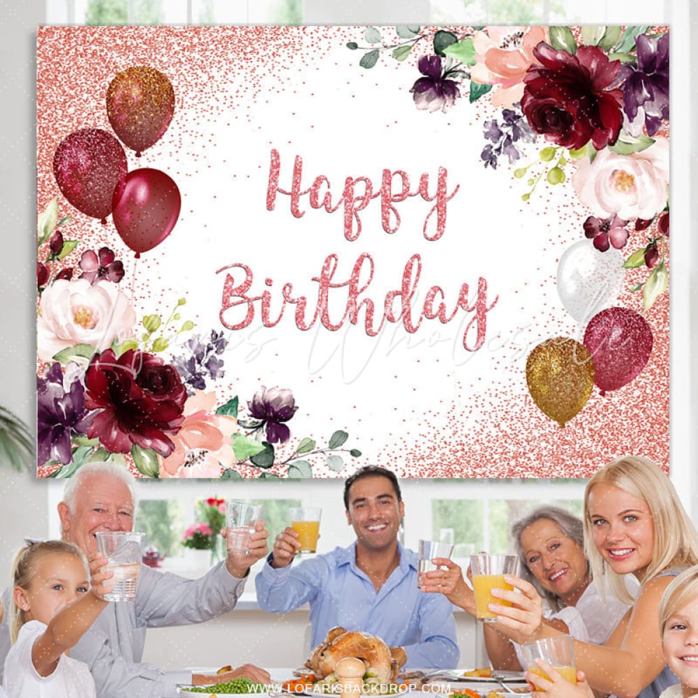 Red Balloons Floral Glitter Birthday Backdrop (x1u)