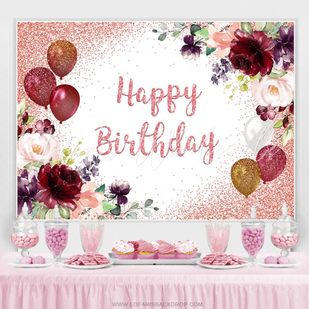 Red Balloons Floral Glitter Birthday Backdrop (x1u)