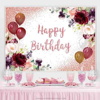 Red Balloons Floral Glitter Birthday Backdrop (x1u)