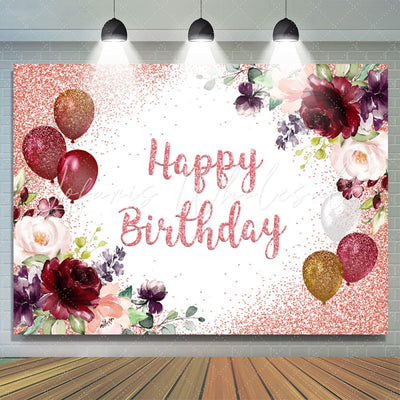 Red Balloons Floral Glitter Birthday Backdrop (x1u)