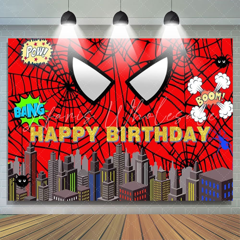 Spiderman Red Spider Web and City Happy Birthday Backdrop (x1u)
