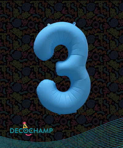Deco Number #3 Neon Blue Foil Balloon 34"