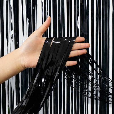 Metallic Foil Fringe Curtain Black 3'x8'