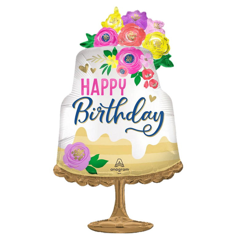 Artful Floral Birthday Cake Supershape Balloon