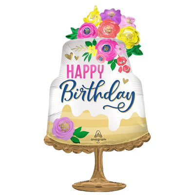 Artful Floral Birthday Cake Supershape Balloon