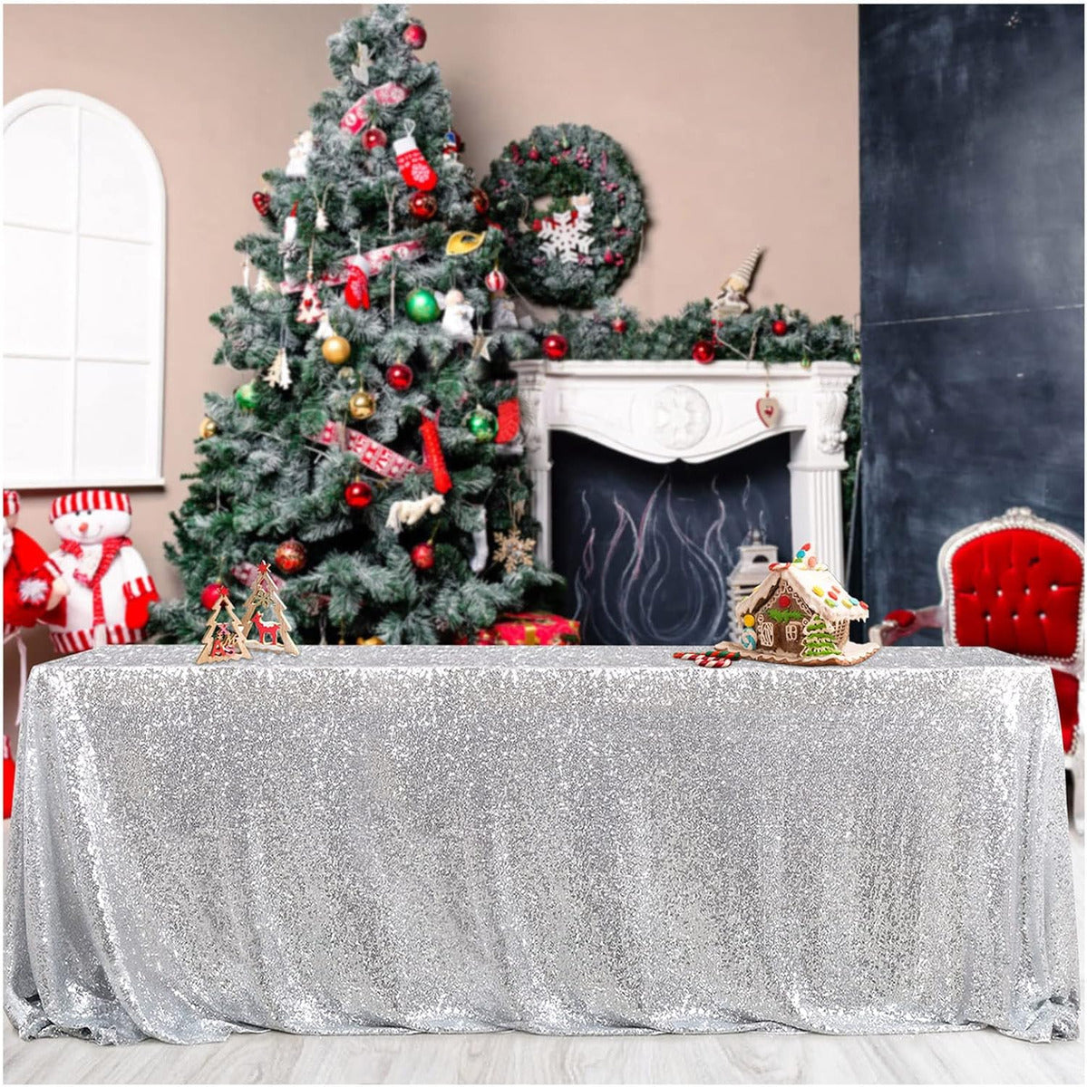 Mantel Sequin Rectangular 90" x 132" - Silver