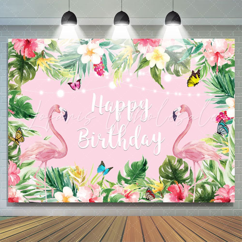 Summer Pink Tropical Flower Flamingos Birthday Backdrop