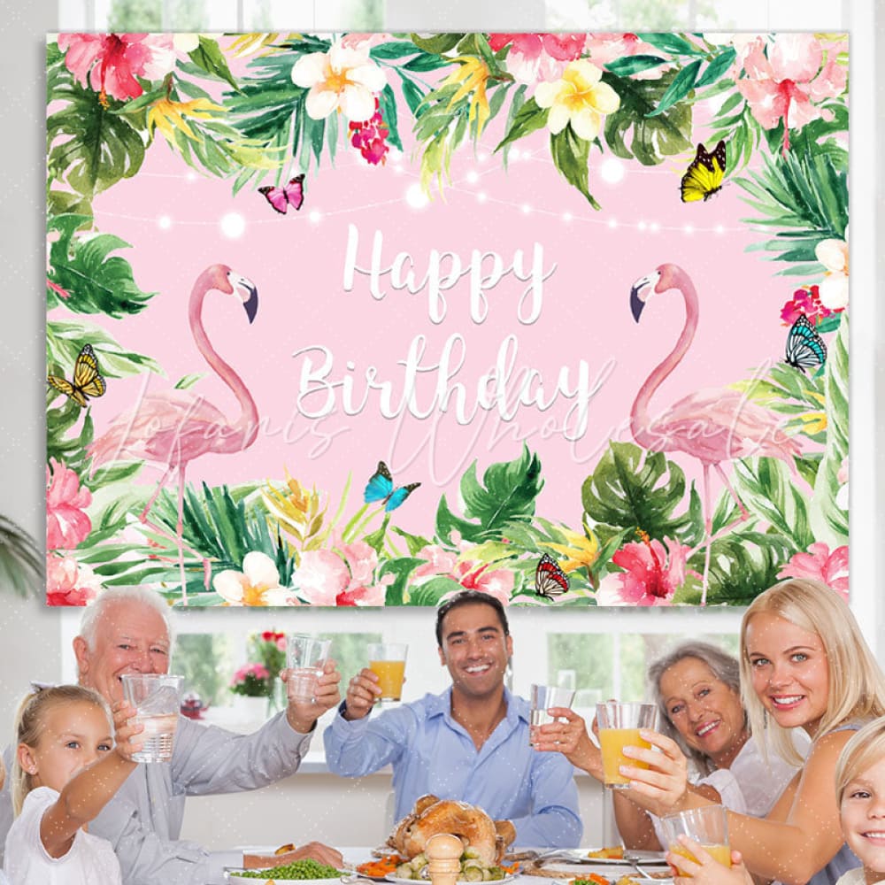 Summer Pink Tropical Flower Flamingos Birthday Backdrop