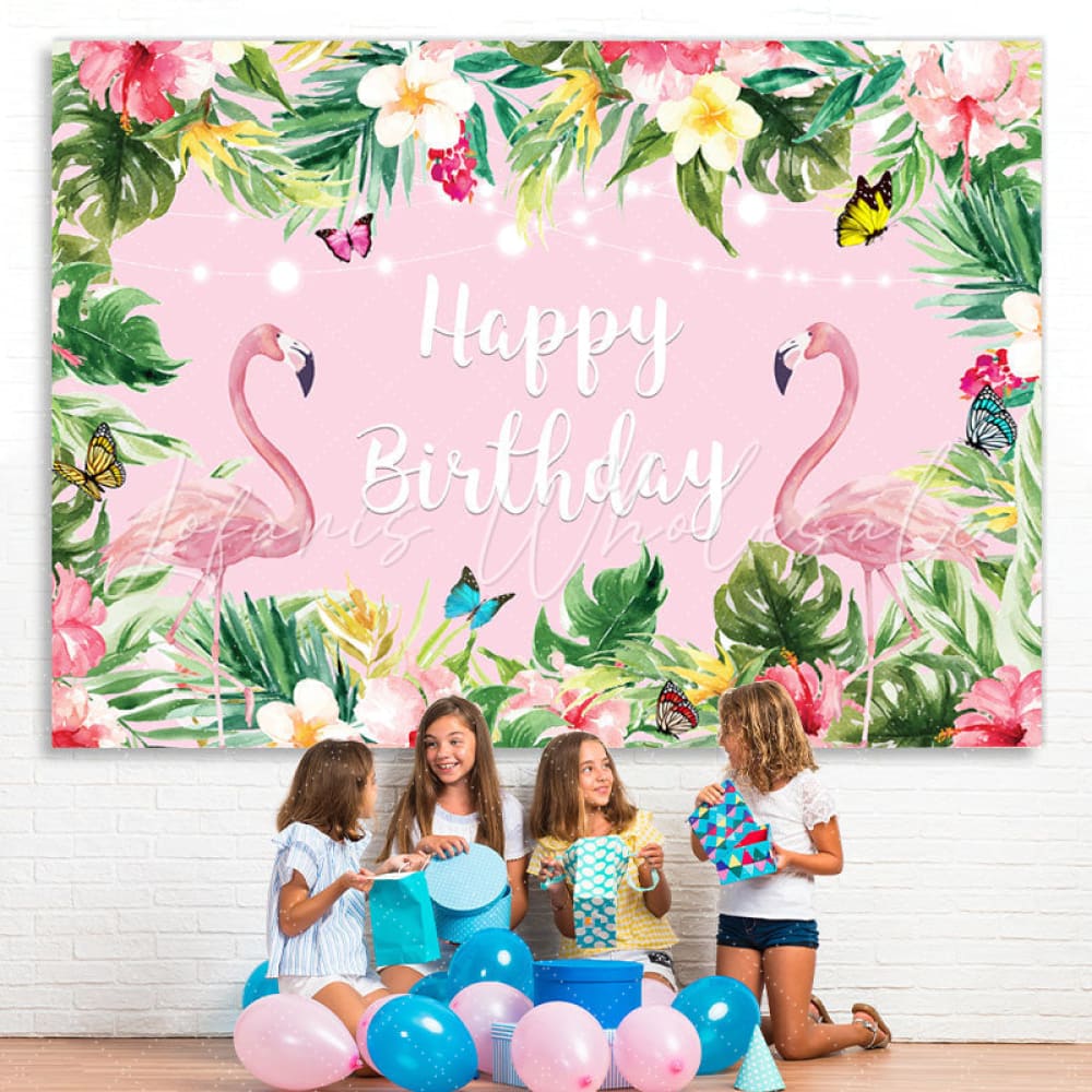 Summer Pink Tropical Flower Flamingos Birthday Backdrop