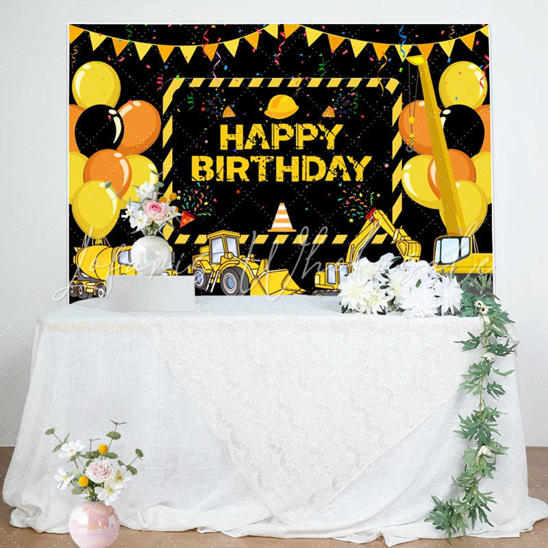 Construction Yellow Truck Balloons Birthday Backdrop (x1u)