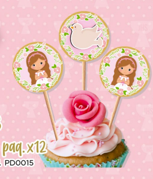 PALILLOS DECORADORES CUPCAKE X 12 PRIMERA COMUNION NIÑA
